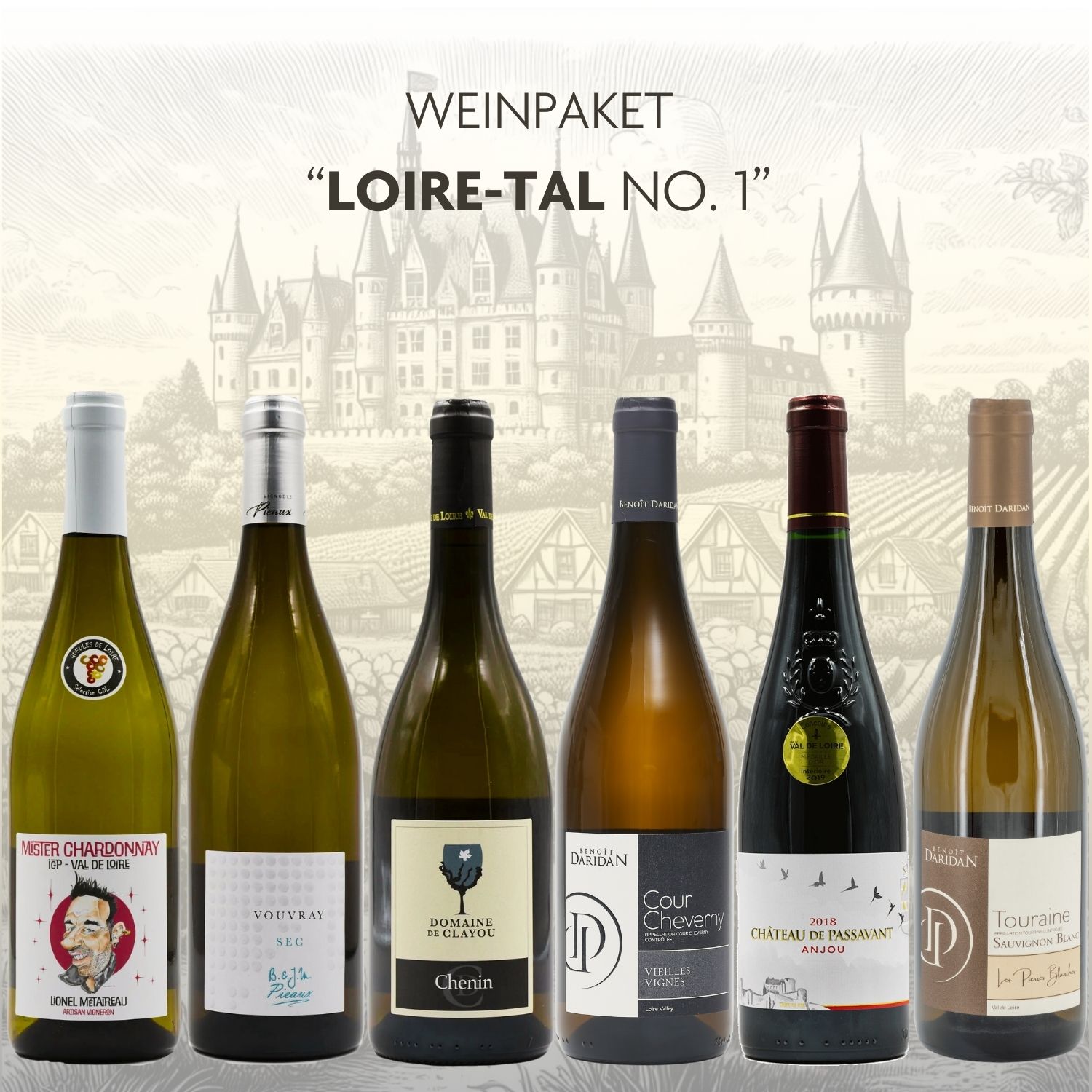 Weinpaket Loire No.1 Genieße das Loire-Tal mit unserem Weinpaket Loire 1. Erlebe Chardonnay, Vouvray Sec, Anjou Blanc, Cour Cheverny, Anjou Rouge und Sauvignon Blanc. Jetzt bestellen!